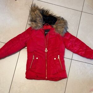 DKNY Red Girls' Puffer Jacket with Faux Fur Trim Hood